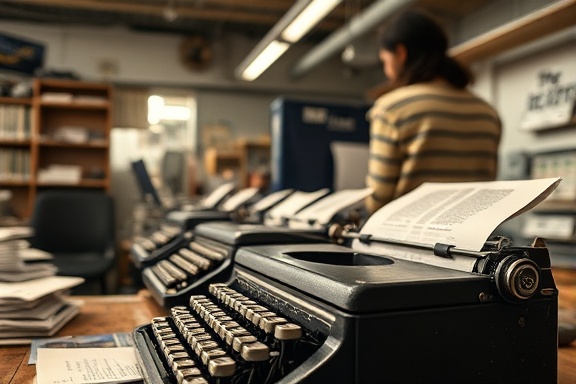 persuasive SEO articles, engaging expression, weaving narratives that captivate, photorealistic, in a bustling newsroom filled with digital and print media, highly detailed, typewriter keys moving autonomously, detailed contrast, sepia tones, natural lighting, shot with a zoom lens.
