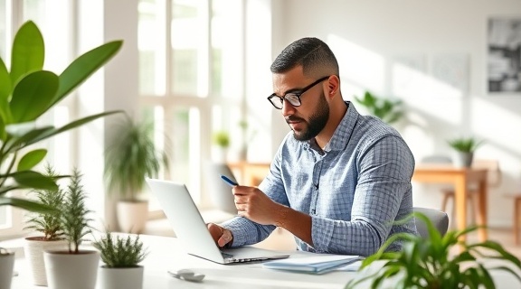 creative keyword analysis, pondering, sketching ideas on a tablet, photorealistic, a bright, airy open-plan office with plants around, highly detailed, digital brainstorming tools on screen, pastel color palette, natural sunlight streaming, shot with a 24mm lens.