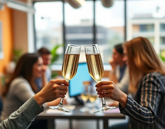 innovative marketing agency, spirited, celebrating success, photorealistic, celebratory office atmosphere, highly detailed, champagne flutes clinking, 24mm lens, bright palette, natural daylight glow, shot with a Leica camera.