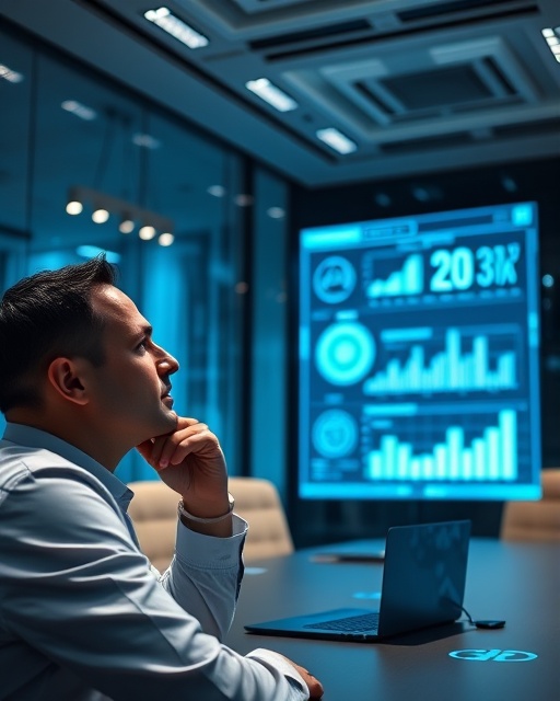 insightful competitive insights, contemplative, exploring company data, photorealistic, in a futuristic boardroom with glass walls, highly detailed, holographic displays showcasing statistics, neutral tones, soft diffused lighting, shot with a 24mm lens.
