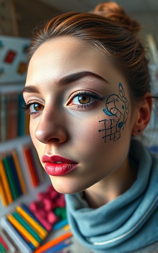 creative content design, inspired face, crafting visuals, photorealistic, art studio with colorful materials, highly detailed, virtual sketches, 4K resolution, rich hues, spotlight effect, shot with a fisheye lens.