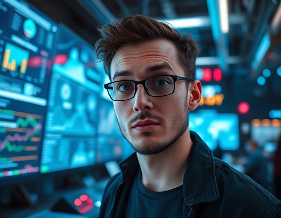 dynamic content insights, curious expression, revealing trends, photorealistic, futuristic workspace filled with holographic screens, highly detailed, real-time data flow, cutting-edge technology, neon blue, ambient light, shot with a 24mm lens.