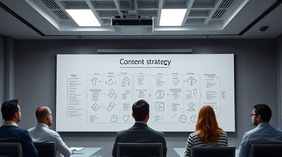 strategic content strategy, analytical, planning, photorealistic, conference room with projector, highly detailed, flowcharts on a whiteboard, 35mm lens, cool gray, overhead fluorescent light, shot with a Sony A7R.