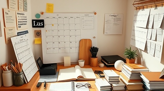 organized content calendar, meticulous, planning, photorealistic, home office with calendar tools and gadgets, highly detailed, marked calendars and sticky notes, 5K resolution, earthy tones, daylight streaming in, shot with a 24mm lens.