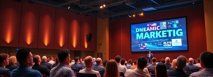 dynamic media marketing, enthusiastic, presenting, photorealistic, conference hall with an audience and projection screen, highly detailed, animated visuals on the screen, 6K resolution, bold colors, spotlight lighting, shot with a 24-70mm lens.