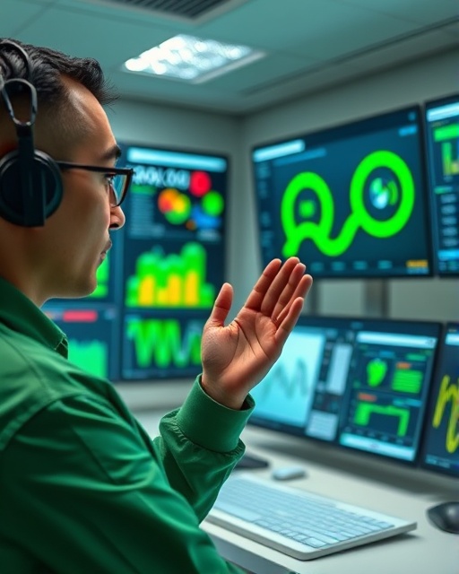 elaborate content visualization, attentive expression, crafting graphical representations, photorealistic, tech-savvy lab with digital displays, highly detailed, interactive dashboards, sleek interfaces, vibrant green, soft backlighting, shot with an 85mm lens.