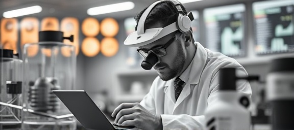 precise content analytics, studying intensely, calculating insights, photorealistic, analytic lab with transparencies, highly detailed, numerical flows, VR-ready, monochrome palette, soft spot lighting, shot with a 35mm lens.