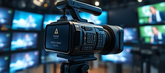 innovative production camera, sleek design, capturing live footage, photorealistic, studio space filled with monitors and editing equipment, highly detailed, reflections and screens visible, high capture rate, metallic finish, balanced lighting, shot with an 85mm lens.