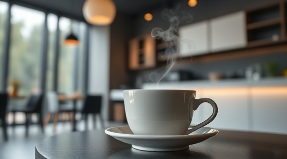 impactful articles, innovative, challenging perspectives, photorealistic, sleek modern cafe with minimalist design, highly detailed, steaming cup of tea, macro shot, neutral grays, ambient indoor lighting, shot with a 85mm lens