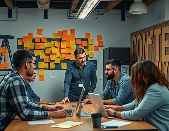 dynamic content marketing, proactive, implementing tactics, photorealistic, startup office with diverse team, highly detailed, sticky notes covering the walls, 85mm lens, cool tones, industrial lighting, shot with a Sigma FP.