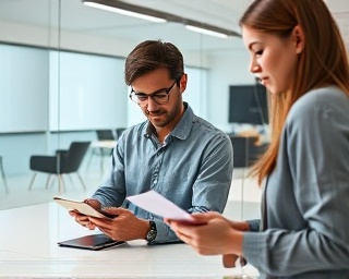 creative process, focused expression, crafting a project plan, photorealistic, minimalist office with glass partitions, highly detailed, individuals sharing tablets and notes, neutral colors, overhead lighting, shot with a 85mm lens.