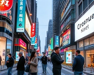 distinctive market brand identity, recognizable, launching campaign, photorealistic, urban street filled with banners and posters, highly detailed, pedestrians interacting with the content, rich texture, contrasting colors, dusk lighting, shot with a 24mm camera lens.