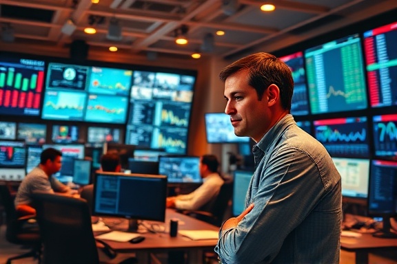detailed content reporting, thoughtful expression, interpreting results, photorealistic, bustling newsroom with monitors showing reports, highly detailed, scrolling news feeds, diverse data sets, warm amber, overhead lighting, shot with a 70-200mm lens.