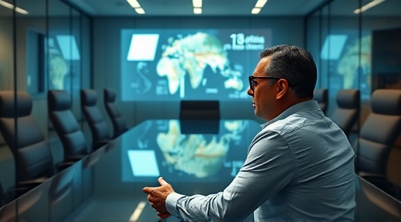 strategic content strategy, reflective pose, mapping goals, photorealistic, boardroom with glass walls, highly detailed, projected holograms, 16K resolution, cool shades, natural lighting, shot with a telephoto lens.