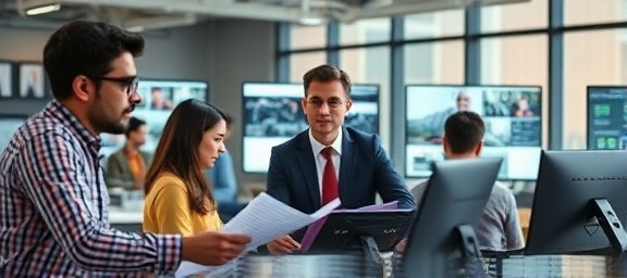 strategic implementation, determined, executing plans, photorealistic, corporate setting with diverse team and project screens, highly detailed, dynamic interactions, ultra-sharp focus, neutral palette, ambient indoor lighting, shot with an 85mm portrait lens.