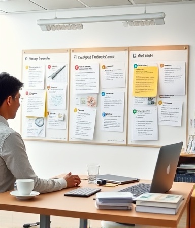 efficient content management, thoughtful demeanor, organizing resources, photorealistic, shared workspace with collaborative tools, highly detailed, digital task boards, UHD, neutral colors, warm directional lighting, shot with a 24mm lens.