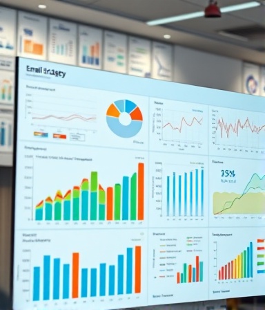 effective email strategy, analytical, displayed on a digital dashboard, photorealistic, tech startup office with whiteboards full of ideas in the background, highly detailed, interactive graphs, ultra-high-definition, contrasting colors, fluorescent lighting, shot with a macro lens.