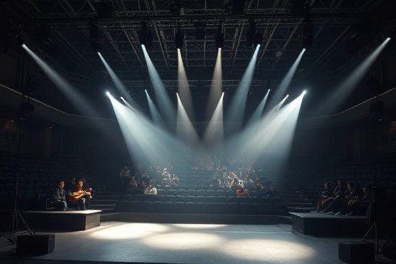 organized production lighting, meticulous setup, casting perfect shadows, photorealistic, theater-like studio with tiered seating for audience, highly detailed, beams and gels create dynamic light patterns, high fidelity textures, cool white, dramatic lighting, shot with a 105mm lens.