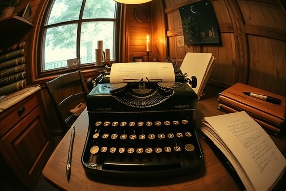 captivating marketing content, influential, crafting message, photorealistic, quaint writer’s nook, highly detailed, vintage typewriter in focus, fisheye lens, sepia tones, candlelight ambiance, shot with a Pentax K-1.