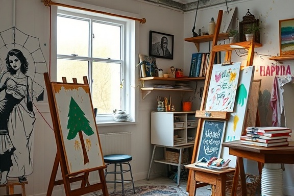 creative content creation, imaginative, developing visuals, photorealistic, artist’s studio with mixed media, highly detailed, paint splashes on walls, prime lens, dynamic pastels, diffused lighting, shot with an Olympus OM-D.
