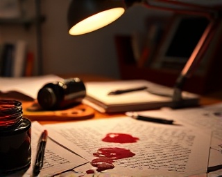 article insights, probing, dissecting issues, photorealistic, cluttered writer's desk with scattered notes, highly detailed, spilling ink bottle, macro shot, deep burgundy tones, directional desk lamp, shot with a 70mm lens