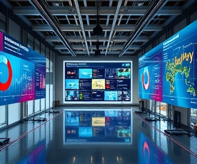 dynamic content visualization, inspired expression, showcasing interactive models, photorealistic, open workspace with digital walls and 3D elements, highly detailed, rotating 3D charts and vibrant displays, precise line work and textures, vivid and clean palette, bright spotlighting, shot with a 70-200mm lens.