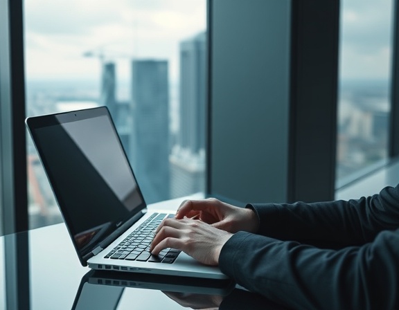 corporate email communication, professional, person typing on a laptop, photorealistic, in a high-rise office with a cityscape view outside the window in the background, highly detailed, reflection on the computer screen, 8K resolution, cool tones, artificial office lighting, shot with a 35mm lens.