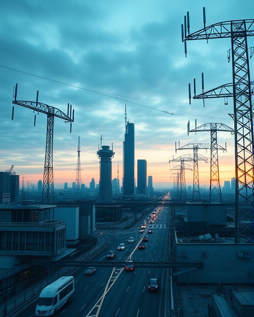 efficient distribution network, harmonious synchronization, transmitting signals, photorealistic, urban cityscape with towering antennas, highly detailed, moving traffic and flowing data, sharp focus, cool tones, twilight lighting, shot with a telephoto lens.