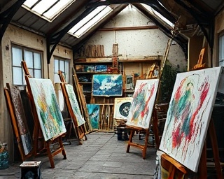 highimpact writing, evocative, stirring emotions, photorealistic, artist's loft with easels and canvases, highly detailed, paint splatters, full-frame, vibrant palettes, overhead skylight, shot with a 50mm lens