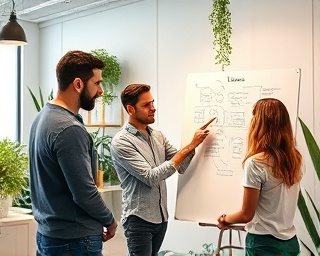 creative brainstorming, contemplative expression, sketching ideas on a whiteboard, photorealistic, open-concept office with plants and art, highly detailed, colleagues exchanging ideas, pastel colors, ambient lighting, shot with a 50mm lens.