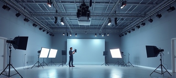 advanced production studio, immersive experience, setting up lighting rigs, photorealistic, spacious room with high ceilings and soundproof walls, highly detailed, wires and lights overhead, ultra-high resolution, cool tones, soft ambient lighting, shot with a 35mm lens.