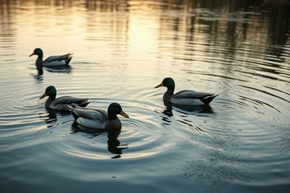 article impact, insightful, revealing truth, photorealistic, serene riverside with ducks swimming, highly detailed, ripples in the water, macro shot, cool blues and greens, soft dawn light, shot with a 90mm lens