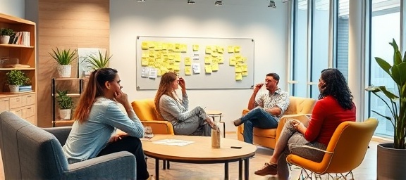 adaptive content planning team, innovative, using agile methods, photorealistic, flexible office space with moveable furniture, highly detailed, post-it notes and adaptive boards, high clarity, vibrant and diverse colors, soft indirect lighting, shot with a 55mm lens.