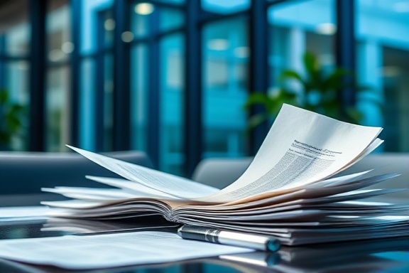 article insights, analytical, unraveling complex ideas, photorealistic, modern office with glass windows, highly detailed, fluttering papers on the desk, macro shot, deep blue hues, bright daylight, shot with a 85mm lens