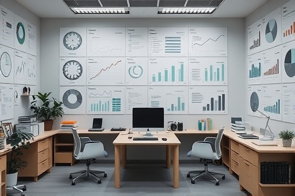 comprehensive content metrics, analytical expression, comparing statistics, photorealistic, minimalistic study room with infographics, highly detailed, shifting numbers, modern software applications, muted grey, balanced studio lighting, shot with a 35mm lens.