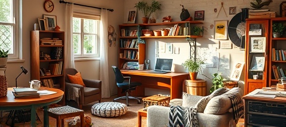 creative content creation, inspired, crafting engaging materials, photorealistic, cozy studio filled with content drafts and graphics tablets, highly detailed, immersive action, high definition, vibrant colors, warm afternoon light, shot with a 24mm wide lens.