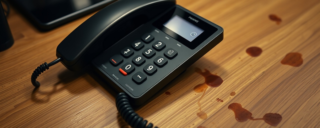 sleek contact phone, approachable, dialing a number, photorealistic, placed on a wooden desk with coffee stains, highly detailed, reflections on the screen, 8K resolution, black and silver, ambient lighting, shot with a 50mm lens
