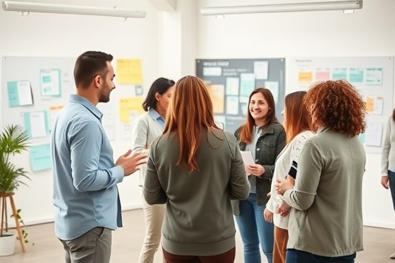 collaborative content strategy, enthusiastic, sharing insights, photorealistic, open-plan office with diverse group and idea boards, highly detailed, lively exchange, crystal clear image, pastel shades, diffused daylight, shot with a 28mm lens.