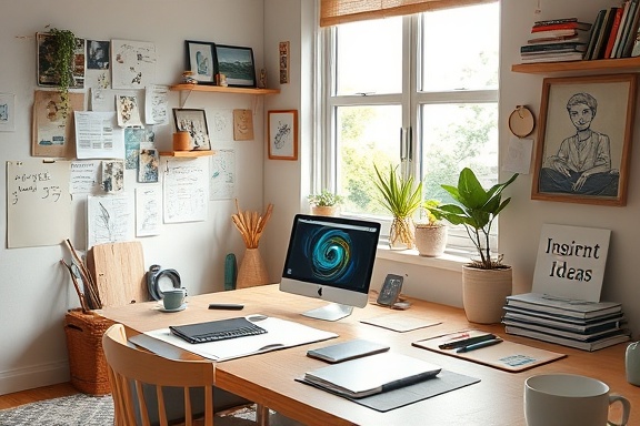 innovative content ideas, inspired, sketching, photorealistic, cozy workspace with a blend of technology and art tools, highly detailed, sketches and digital devices in view, 5K resolution, pastel color scheme, diffused natural lighting, shot with a 85mm lens.