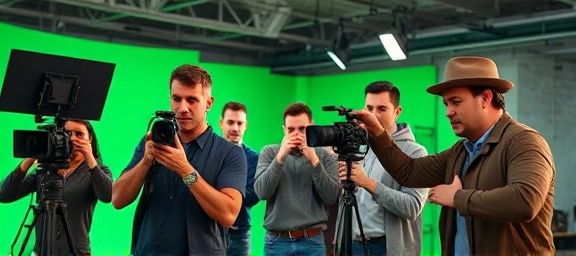 dedicated production crew, determined expressions, adjusting camera angles, photorealistic, modern studio with green screen and editing bays, highly detailed, team movement and coordination, crisp clarity, warm tones, focused lighting, shot with a 50mm lens.