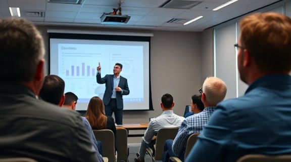 strategic content strategy leaders, confident, presenting to stakeholders, photorealistic, conference room with projector and reports, highly detailed, audience engagement, ultra-fine detail, neutral colors, balanced studio lighting, shot with a 90mm lens.