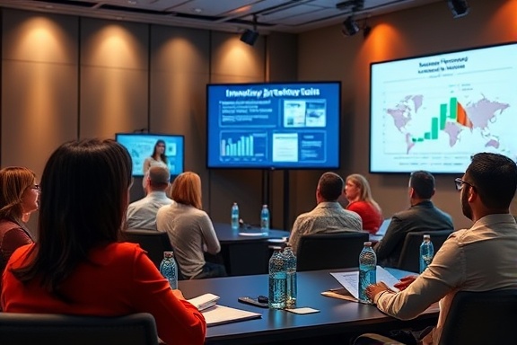 innovative article marketing, proactive, strategizing outreach, photorealistic, conference room with presentation screens and marketing charts, highly detailed, engaging conversation, precise detail, saturated hues, spotlight lighting, shot with a 70-200mm telephoto lens.
