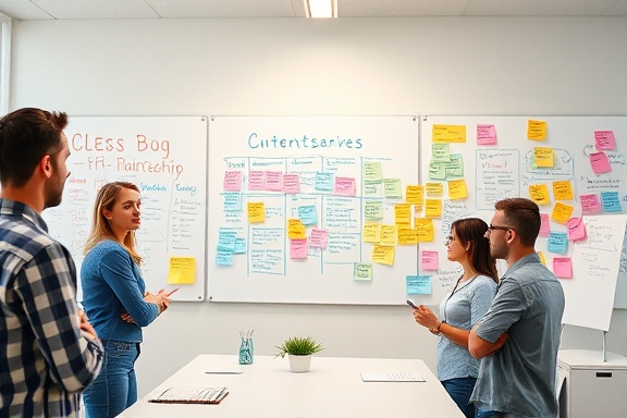 effective content creation, imaginative thinking, brainstorming ideas, photorealistic, a bright office with whiteboards filled with colorful notes, highly detailed, colleagues exchanging ideas, wide-angle perspective, vibrant colors, direct overhead lighting, shot with a 24mm lens