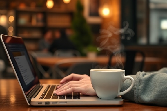 creative blog writing, thoughtful expression, typing on a laptop, photorealistic, cozy coffee shop with soft music in the background, highly detailed, steam rising from a coffee cup, shallow depth of field, warm hues, ambient lighting, shot with a 50mm lens