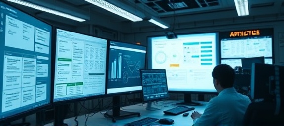 intricate article planning, focused, diagramming strategies, photorealistic, digital workspace with monitors displaying flowcharts, highly detailed, bustling atmosphere, high clarity, cool tones, overhead LED lighting, shot with a 50mm macro lens.