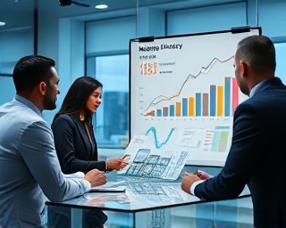 sophisticated market brand strategy, strategic, planning session with team, photorealistic, conference room with charts and graphs on display, highly detailed, team members discussing, sharp focus, cool tones, ambient office lighting, shot with an 85mm camera lens.
