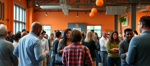 impact articles, motivational, inspiring action, photorealistic, community center bustling with conversation, highly detailed, animated discussions, full-frame, lively oranges, natural light, shot with a 35mm lens