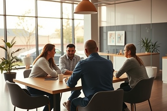 dynamic marketing agency, collaborative, strategizing, photorealistic, open floor plan with glass walls, highly detailed, team members discussing at a table, wide-angle lens, warm palette, soft morning light, shot with a Canon EOS.
