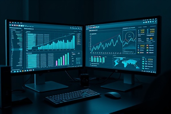 analytical keyword ranking, vigilant, exploring ranking algorithms, photorealistic, digital marketing workstation with dual monitors, highly detailed, real-time data visualizations in popup windows, cool gray and cyan color theme, dim overhead lighting, shot with a portrait lens.