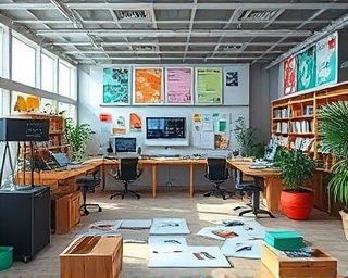 dynamic market brand design, creative, evolving with trends, photorealistic, open workspace filled with designers and digital screens, highly detailed, papers and sketches scattered, high-resolution, vivid colors, studio lighting, shot with a 50mm camera lens.